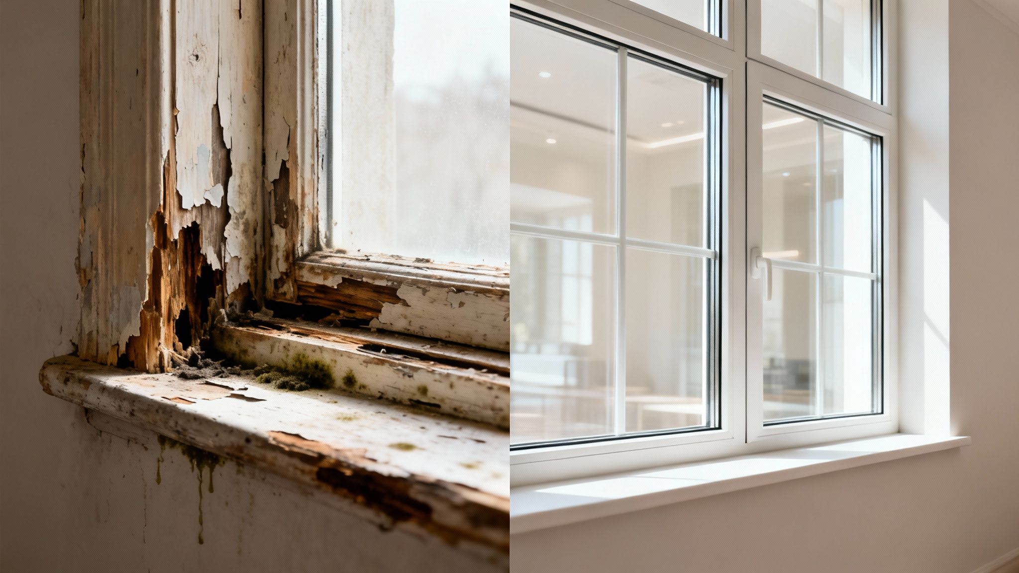Før og efter billede af vinduesudskiftning: råddent trævindue og et nyt, hvidt vindue.