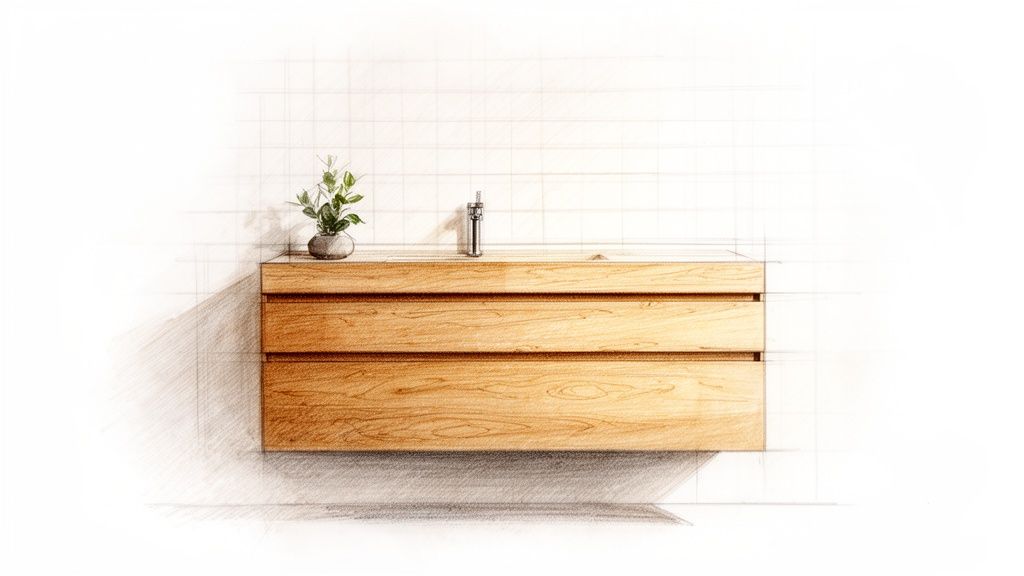Skitseret badeværelsesmøbel i træ med vask, vandhane og lille plante på en hvid flisevæg.