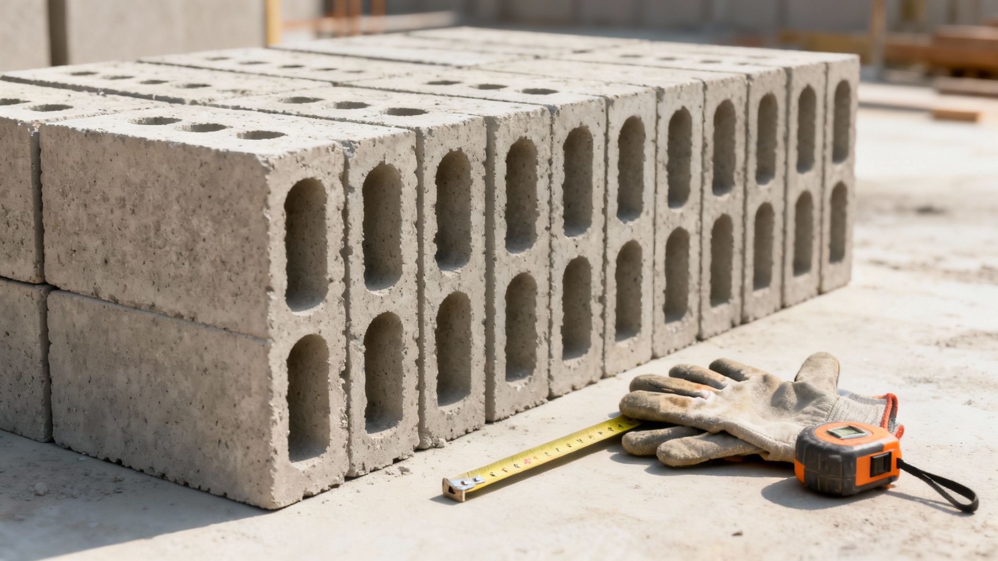 En stak grå betonblokke med huller, arbejdshandsker og et målebånd på en byggeplads.