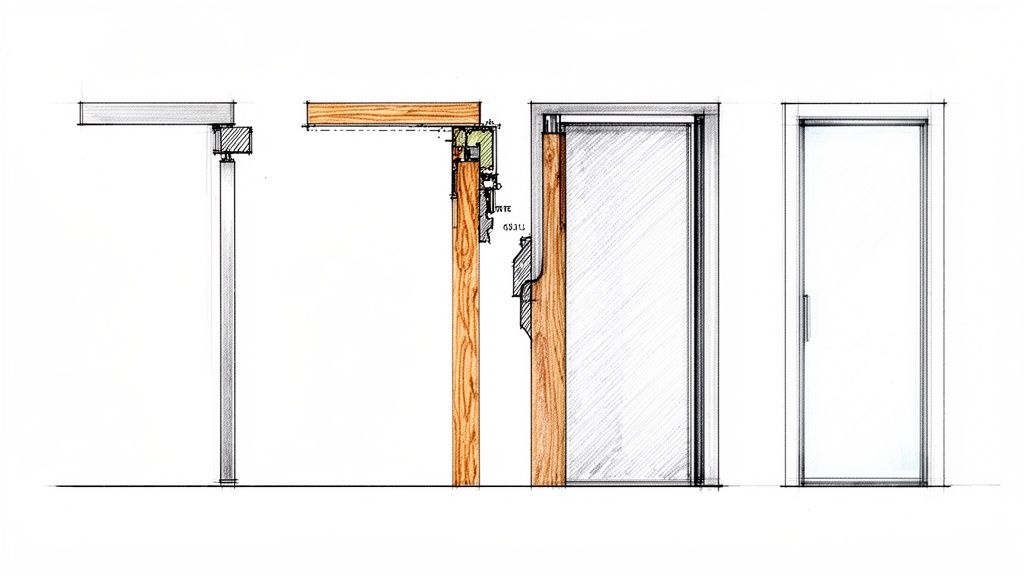 Detaljerede arkitekttegninger viser tværsnit og elevation af skydedøre, sandsynligvis til en udestue.