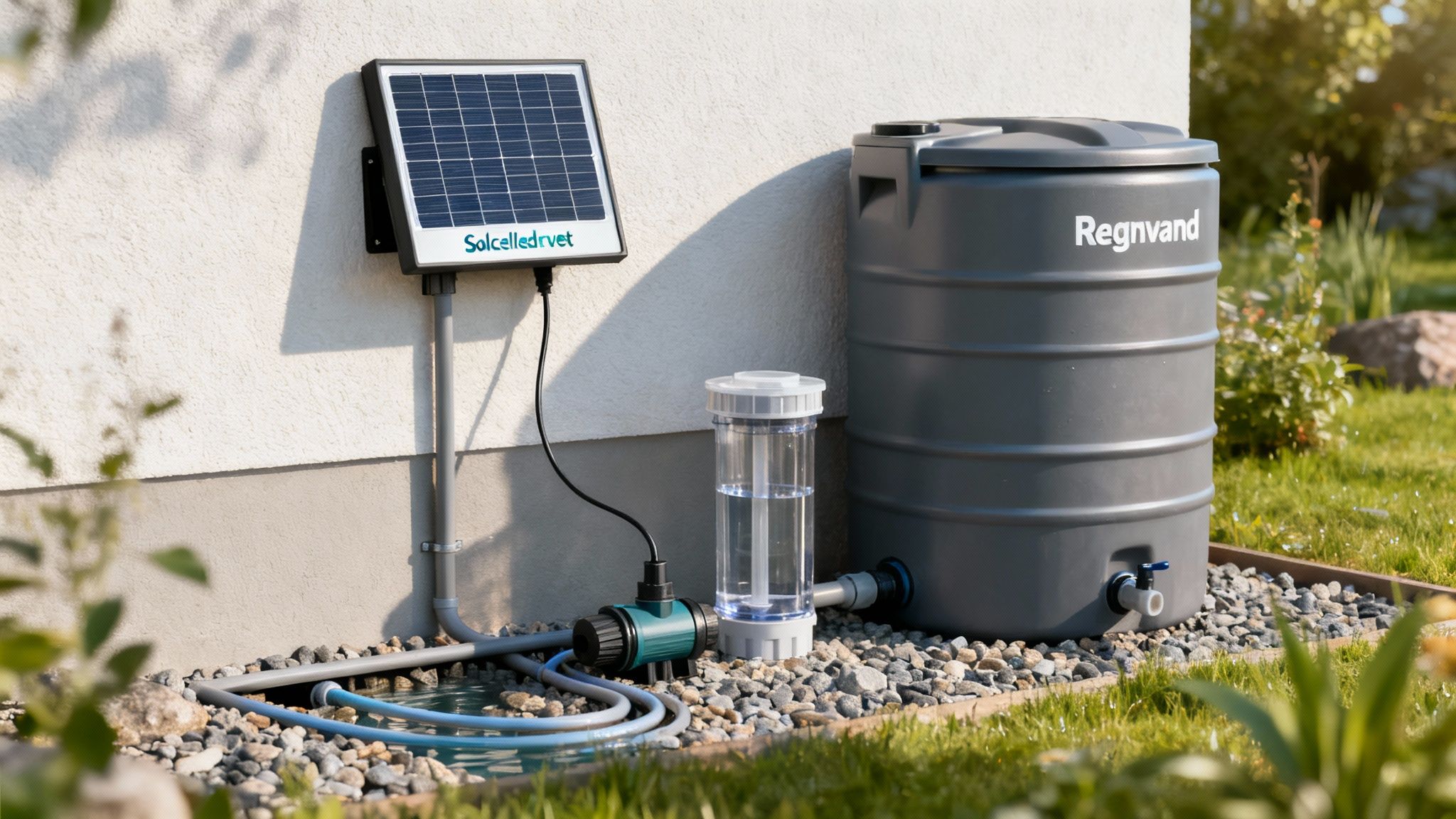Et solcelledrevet system til opsamling af regnvand med en tønde, pumpe og slanger ved et hus.
