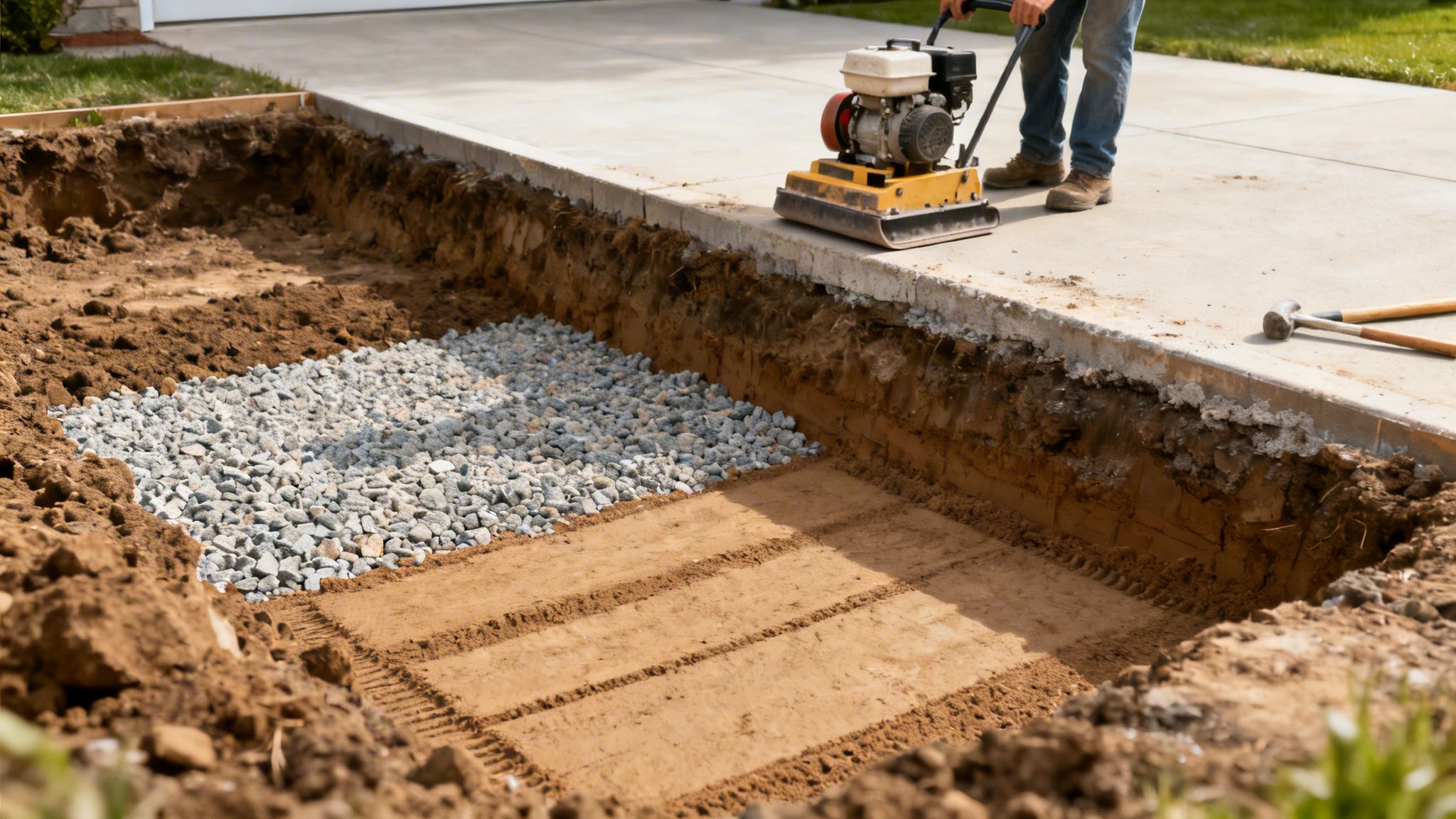 En person bruger en pladevibrator til at komprimere sand og grus under belægningsarbejde i en indkørsel.