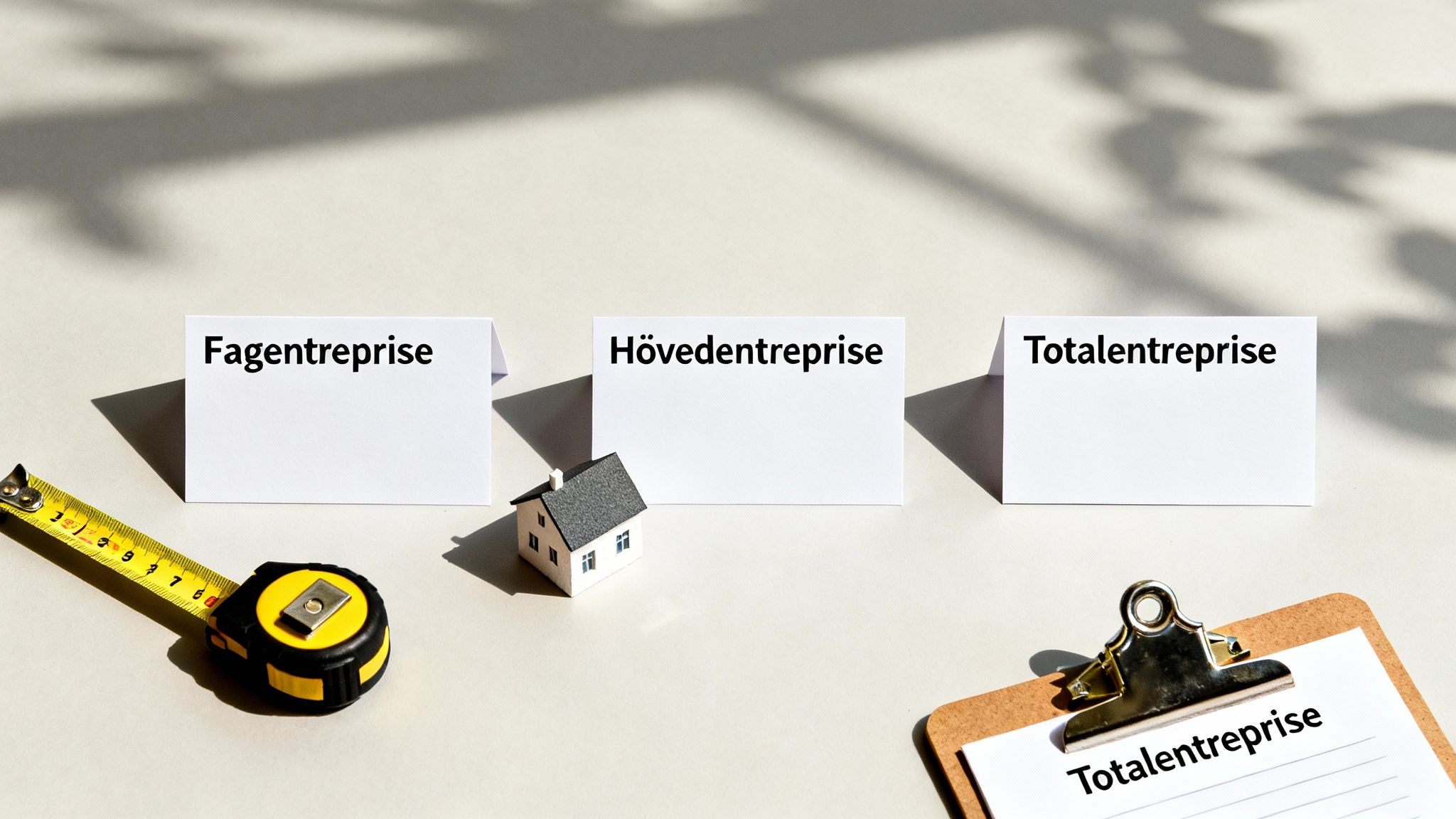 Billedet illustrerer forskellige entreprisemodeller: fagentreprise, hovedentreprise, totalentreprise med bygge- og ejendomsrelaterede elementer.