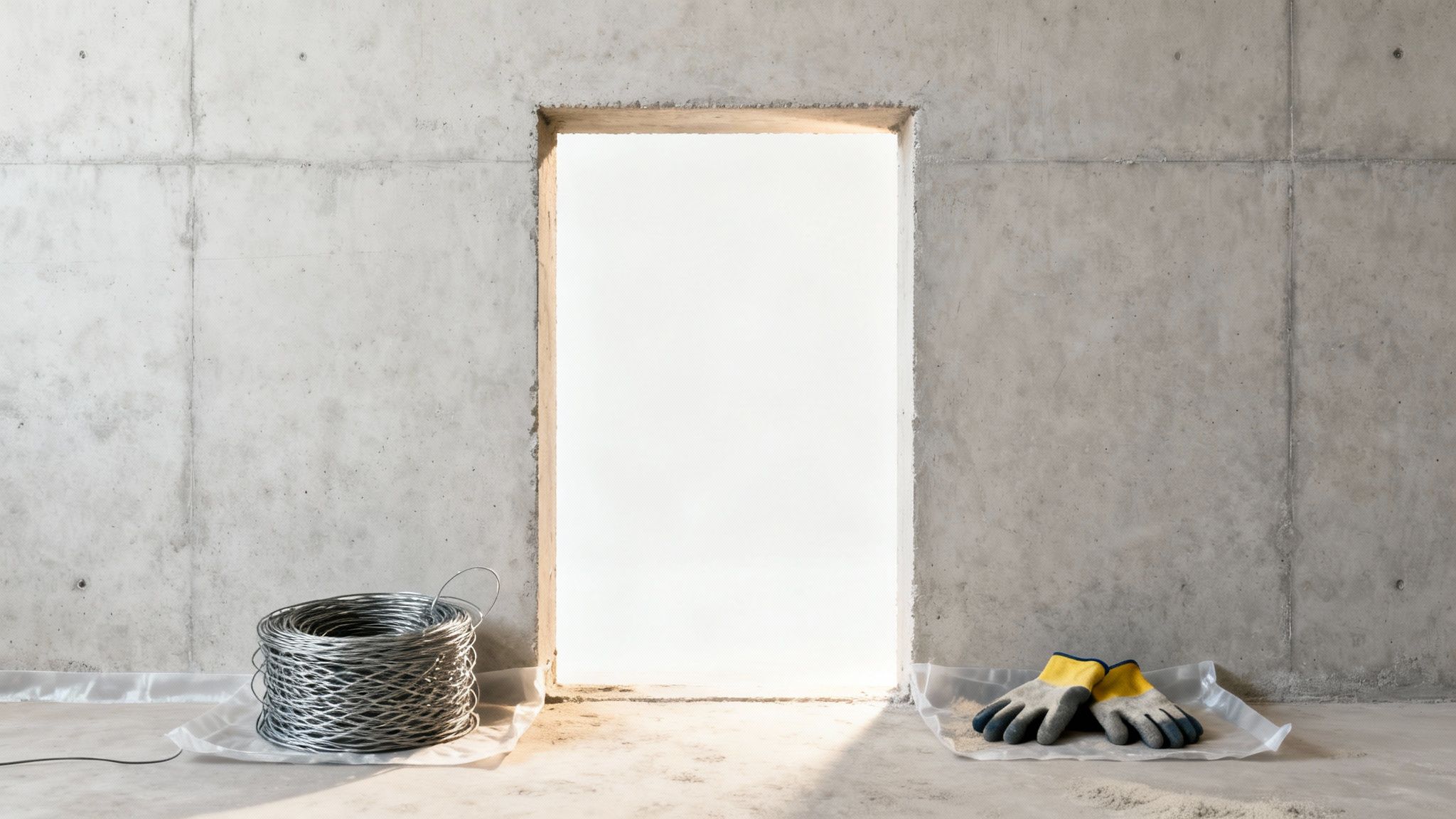 En wireskæringsmaskine i aktion, der præcist skærer gennem en tyk betonvæg.