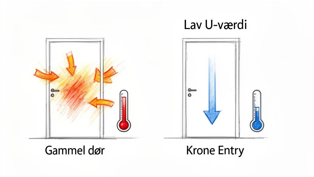 Illustration der viser varmetab fra en gammel dør kontra en energieffektiv Krone Entry dør med lav U-værdi.