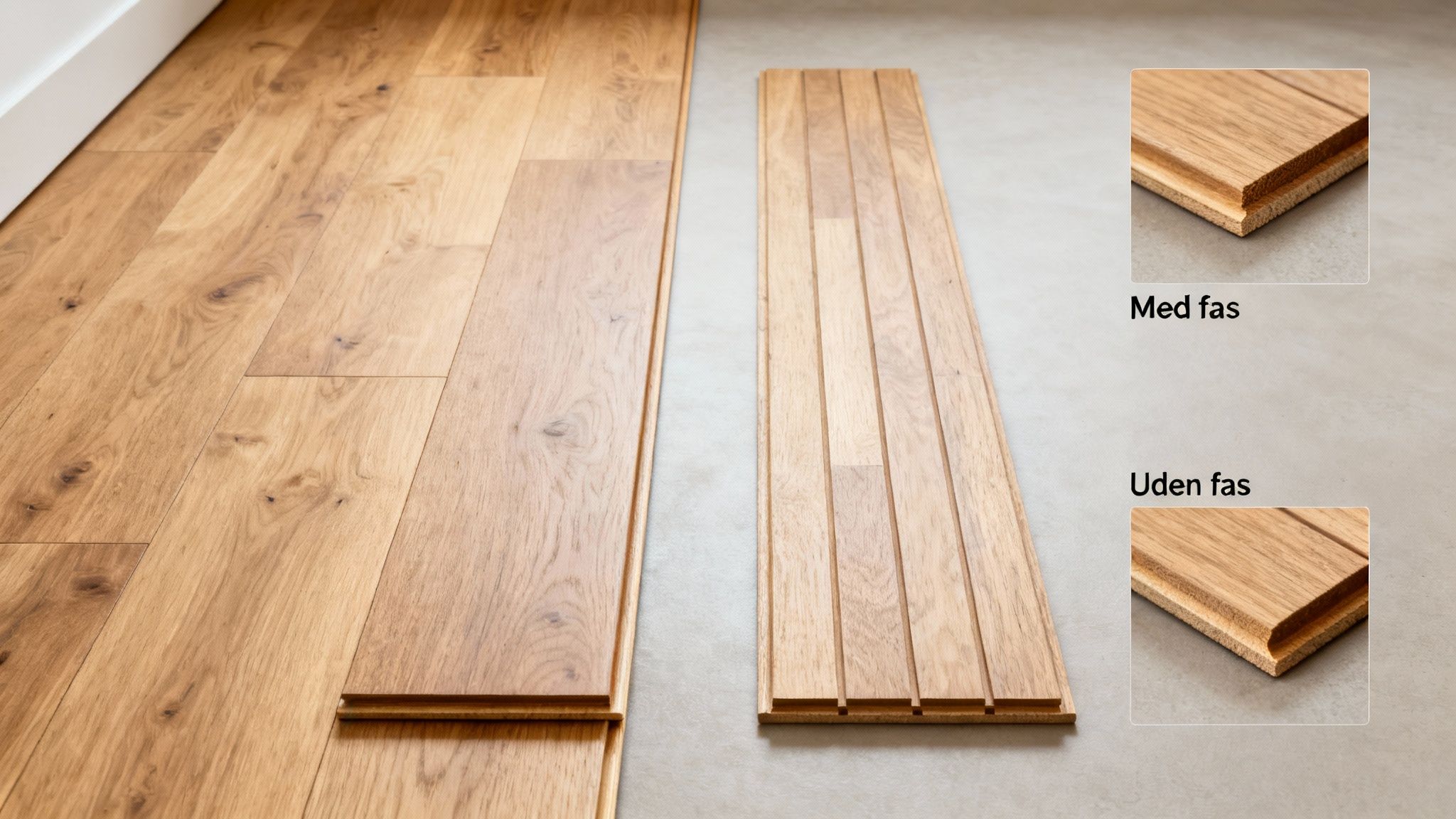 Egegulvplanker lægges, med eksempler på gulvplanker med og uden fas for tydelig kantvisning.