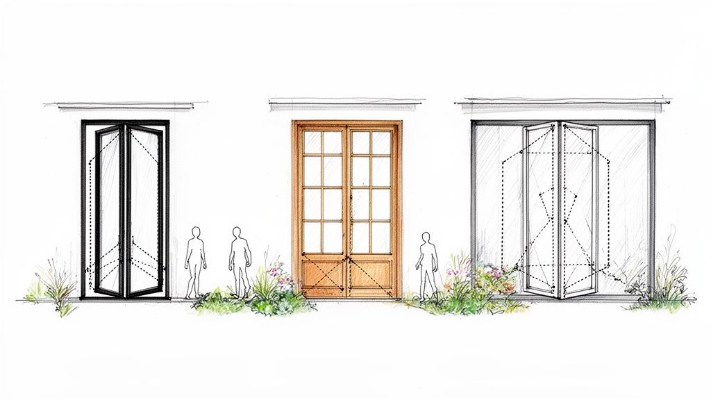 Tre illustrationer af foldedøre og franske døre med forskellige åbningsmekanismer og menneskefigurer til reference.