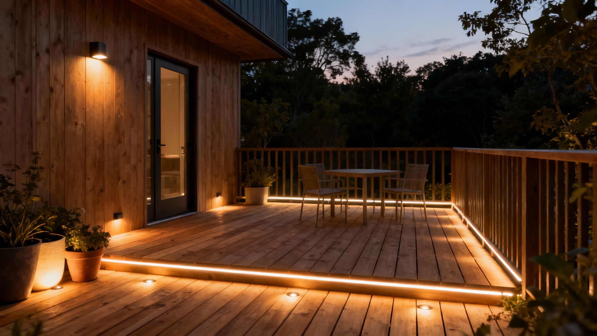 Moderne træterrasse med LED-lys integreret i rækværk og trin ved skumring med havestole