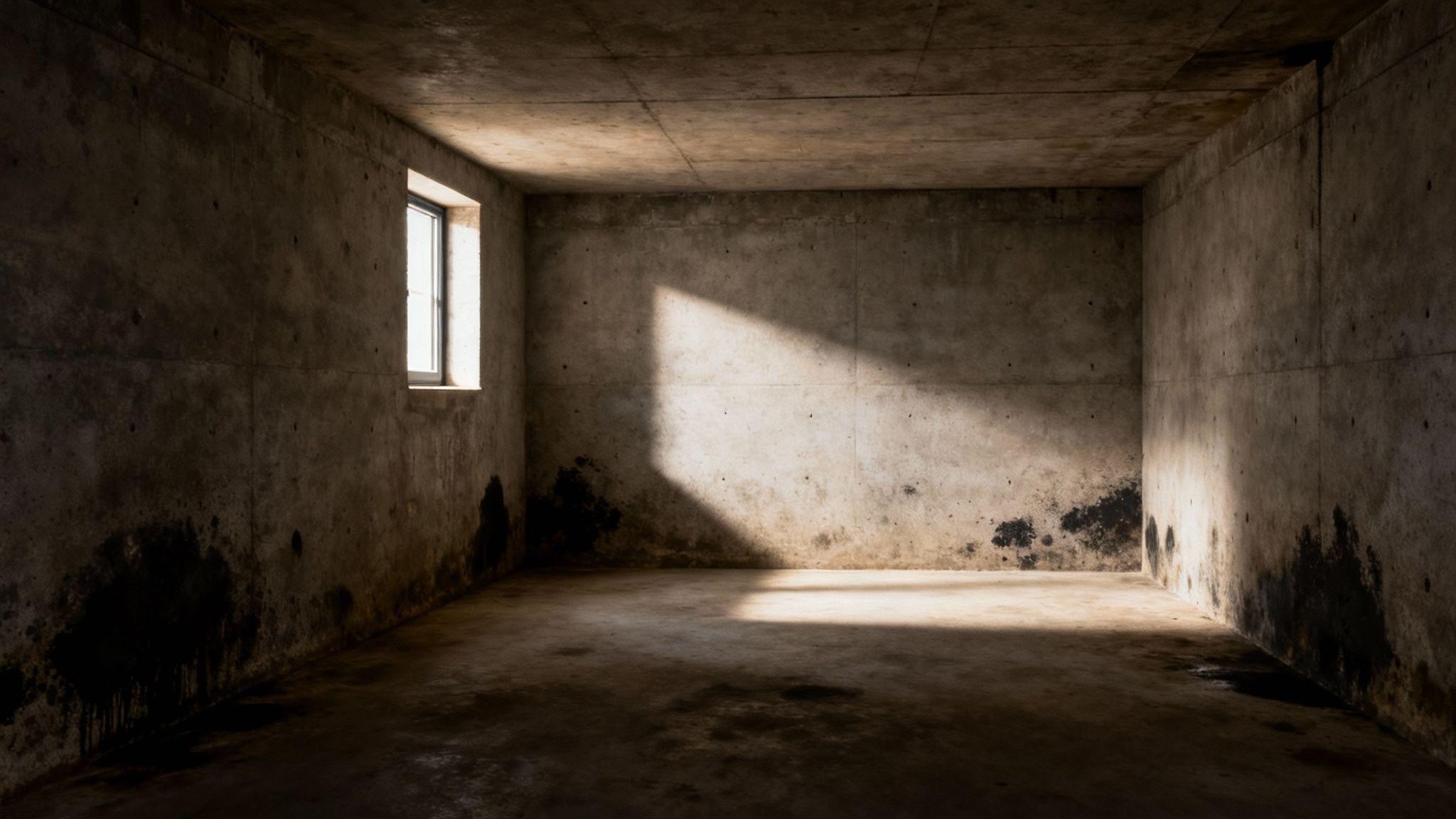 Fugtig kældervæg med afskallet maling og tegn på fugtproblemer