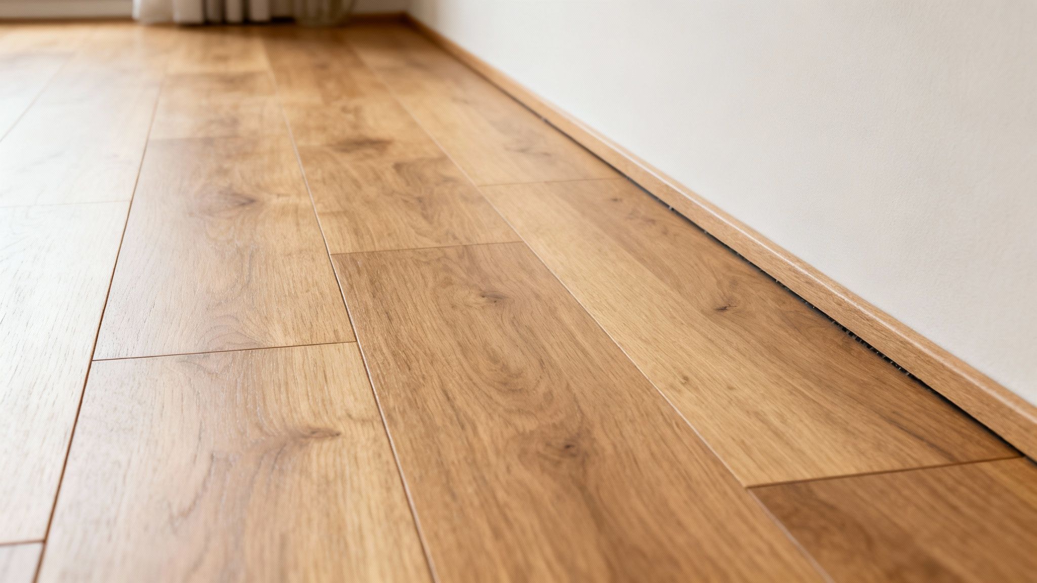 Nærbillede af lyst laminatgulv med træstruktur og en matchende gulvliste mod en hvid væg.