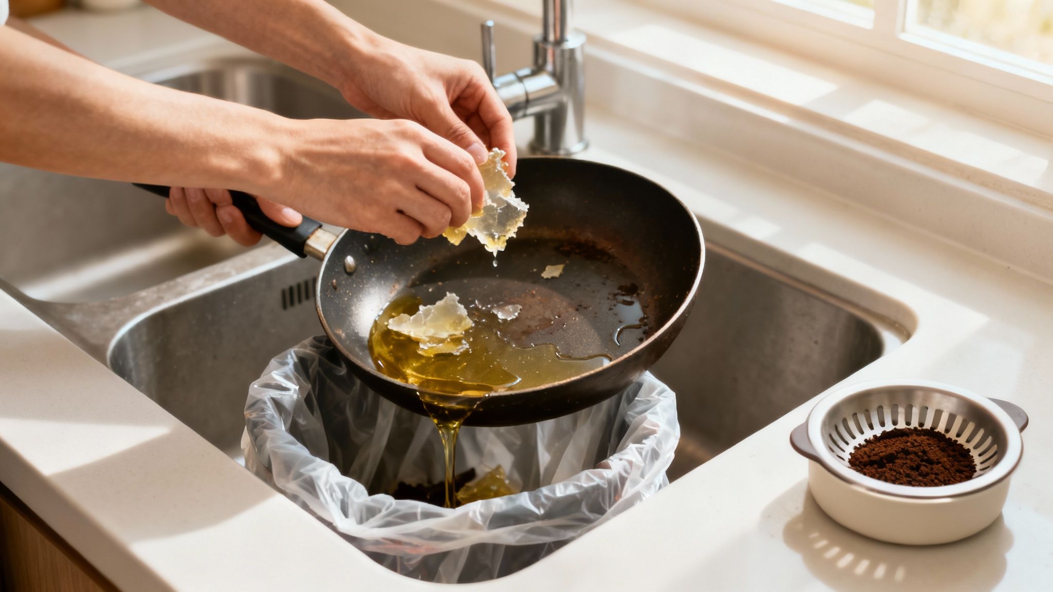 En person, der tørrer en stegepande af for fedt med et stykke køkkenrulle.