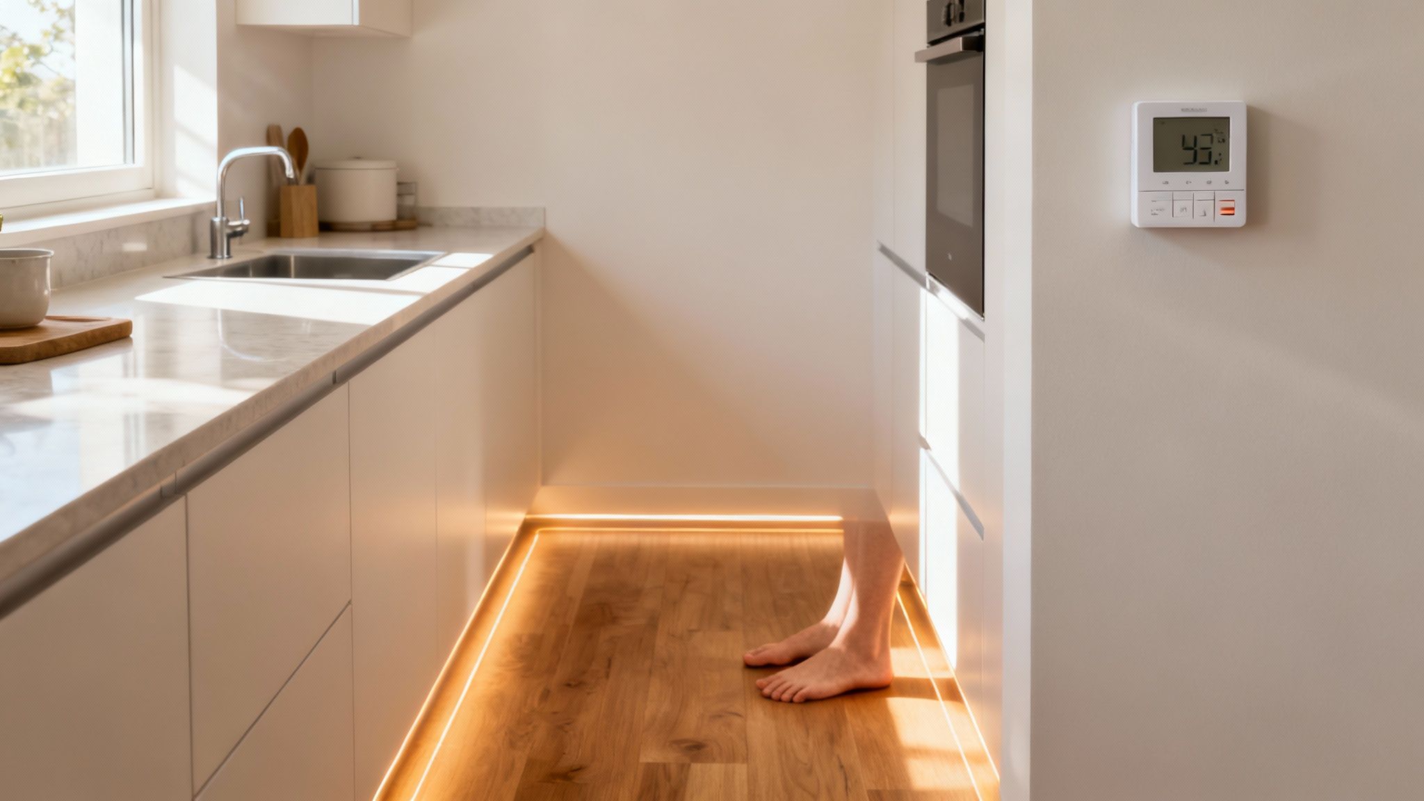 Moderne køkken med lyst trægulv og LED-belysning under skabe, viser person gående på gulvet