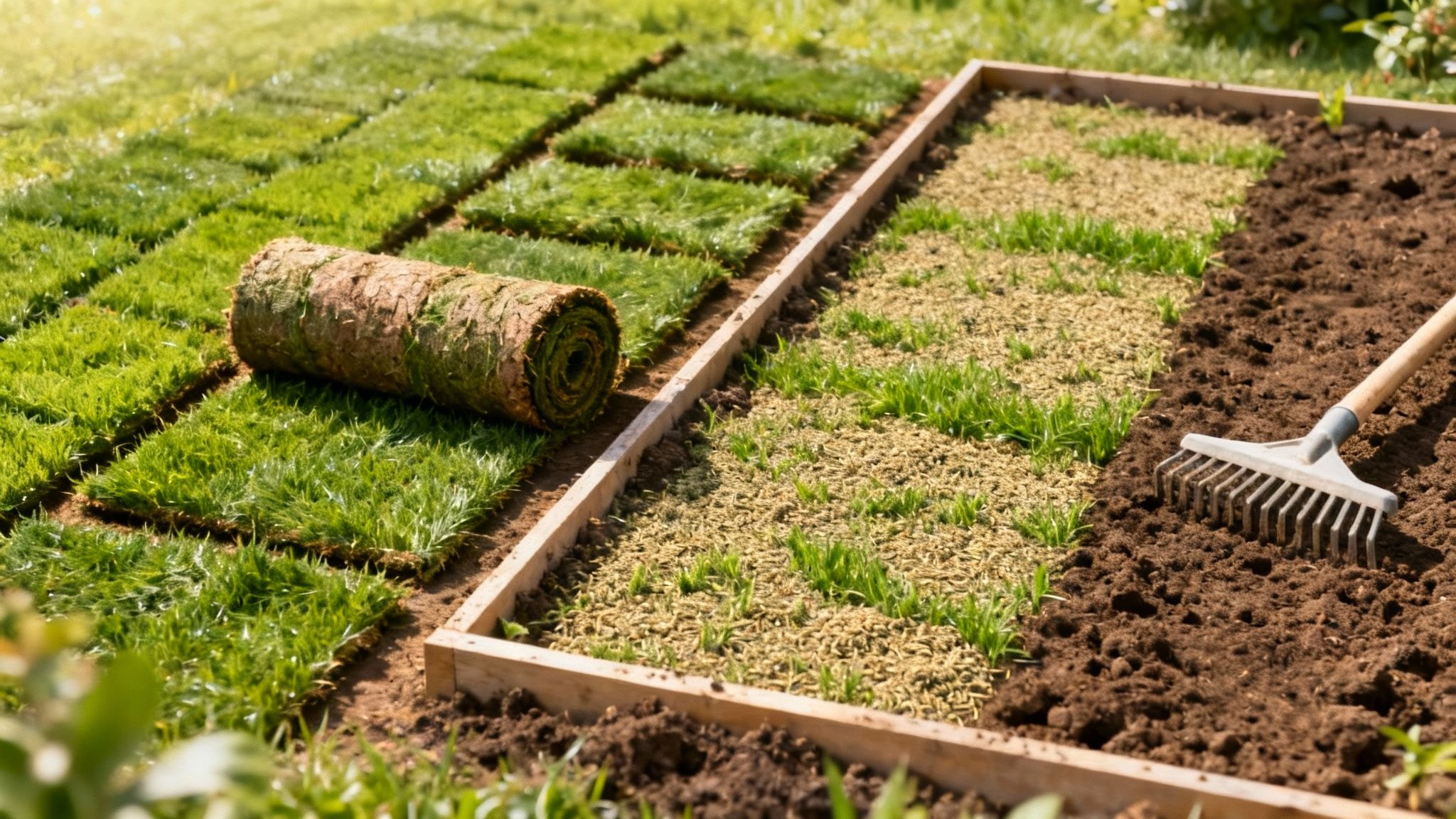 Et nærbillede af at anlægge en græsplæne med rullegræs og såning af græsfrø i en have.