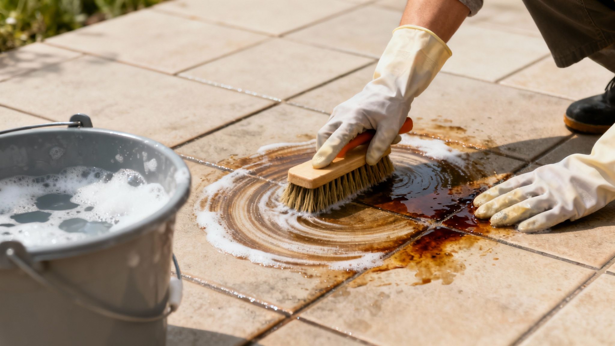 En person der skrubber fliser med en børste