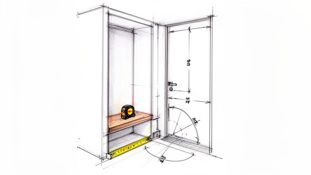 Skitse af opbevaring i entreen med bænk, dør og målebånd, der viser dimensioner.
