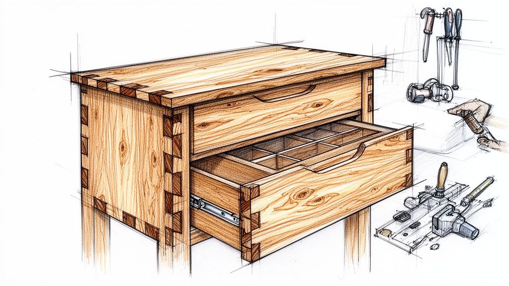 Detaljeret tegning af et træskab med to skuffer, hvoraf den nederste er åben med ruminddeling, og træværktøj i baggrunden.