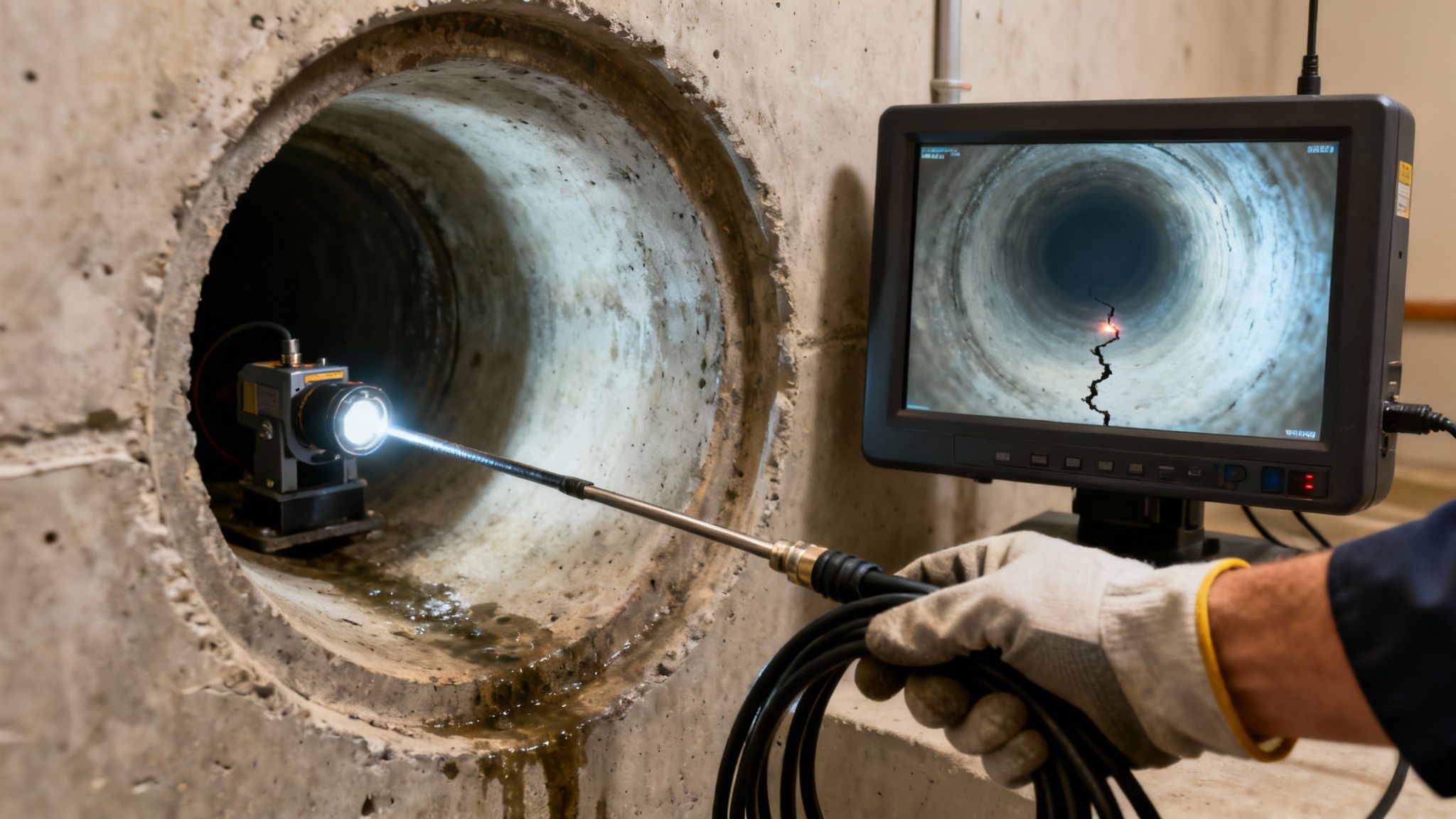 En person udfører kloakinspektion med kamera, der viser en revne i røret på skærmen.