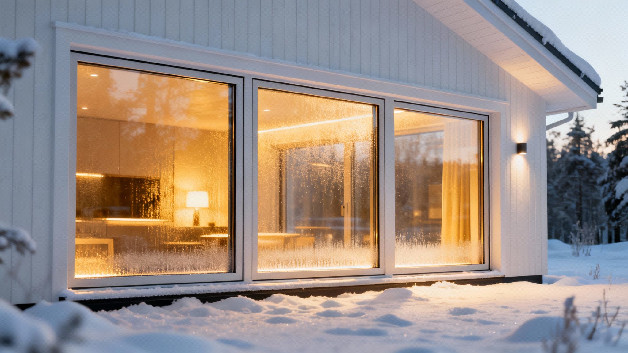 Et moderne hus i sneklædt vinterlandskab med store vinduer og varmt lys indefra.