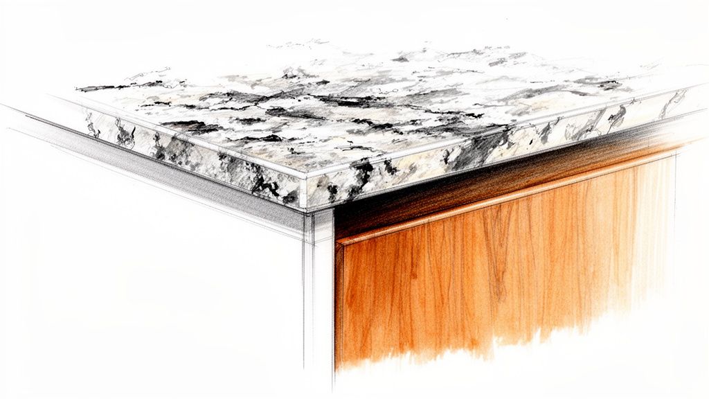 Detaljeret skitse af en køkkenbordplade i marmoreret granit med en træfront.