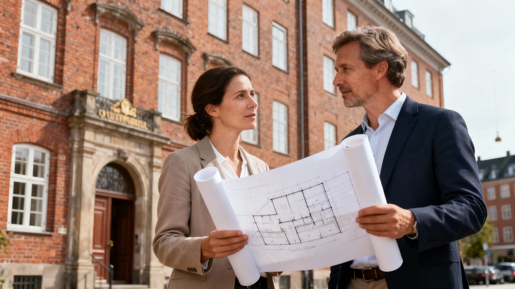 To arkitekter studerer byggeplaner foran en murstensbygning i København.