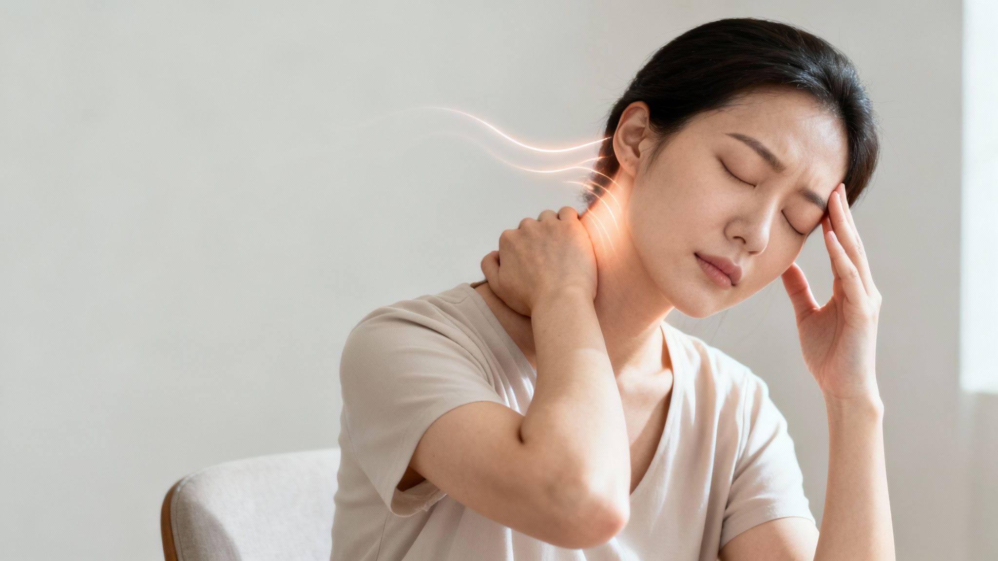 En kvinde holder sig til nakken og hovedet med ansigtet forvrænget af smerte og spændinger.