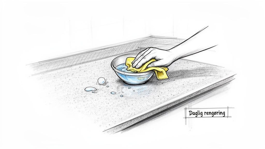 En hånd tørrer en bordplade af med en gul klud og vand fra en skål, illustrerer daglig rengøring.