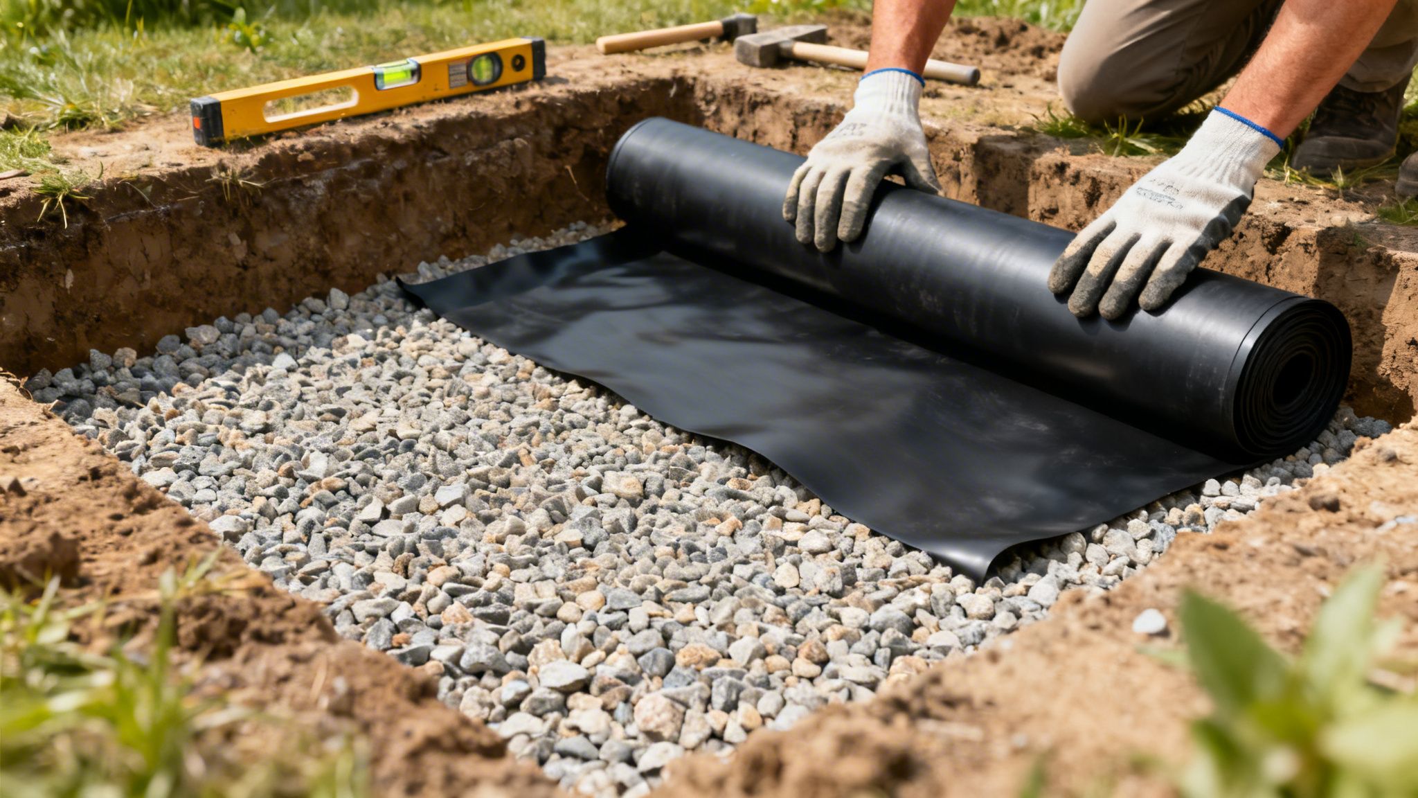 En person i handsker lægger sort bassinfolie ud over et lag grus i et udgravet hul i haven.