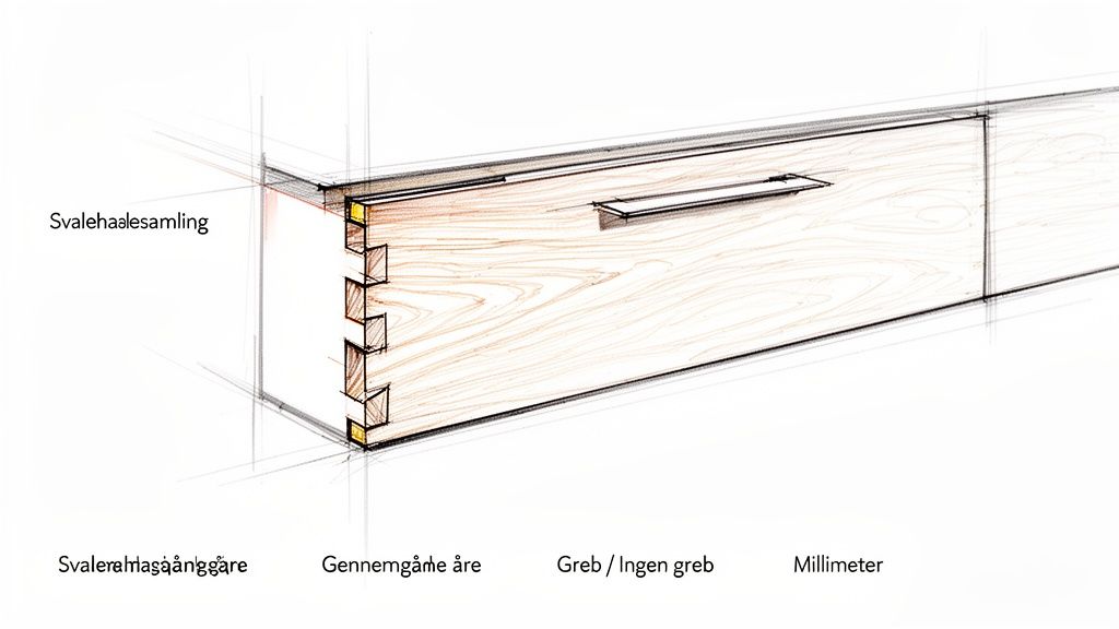 Detaljeret skitse af træskuffe med svalehalesamling og integreret greb, der viser træets årer.