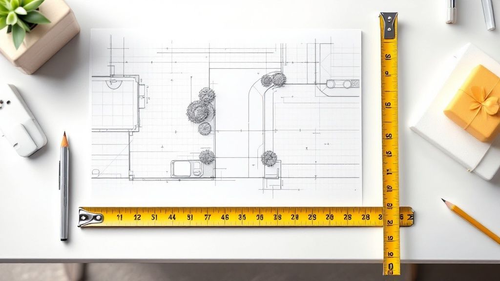Person der planlægger lægning af fliser i en indkørsel ved et skrivebord