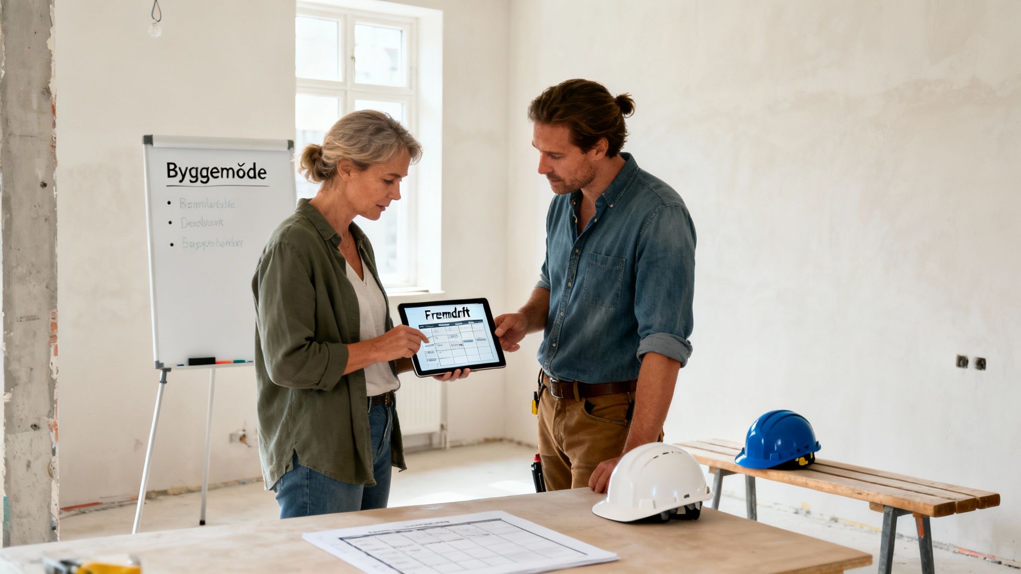 To byggearbejdere diskuterer fremdrift på en tablet under et byggemøde på en byggeplads.