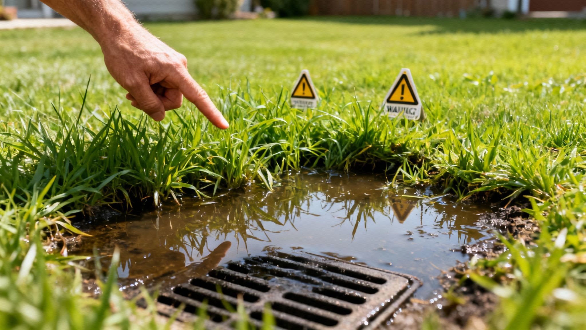 En hånd peger på en vandpyt med et afløb i en græsplæne, med to advarselsskilte i græsset.
