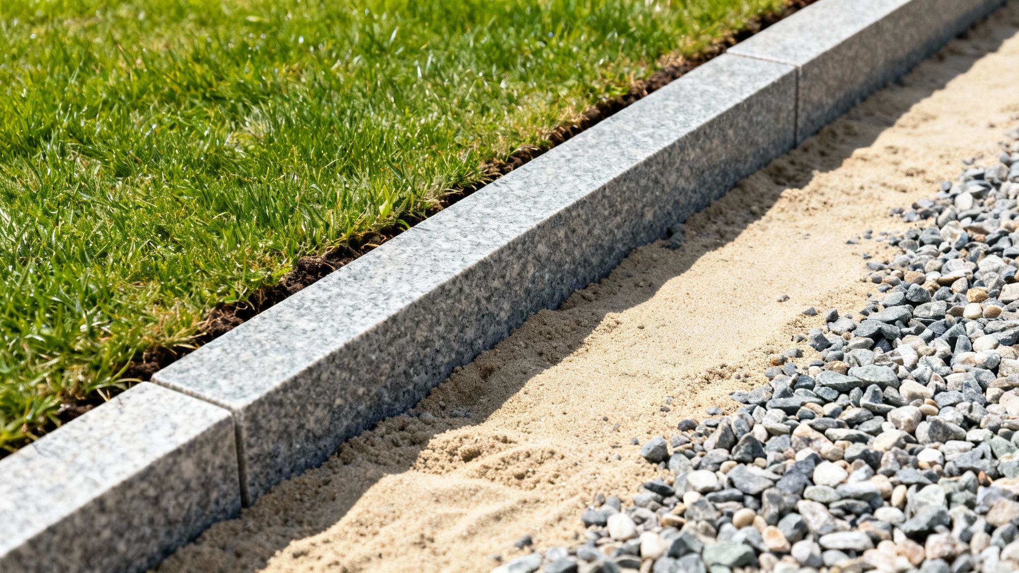 Et billede af en granitkantsten, der adskiller en grøn græsplæne fra en sand- og grussti i en have.