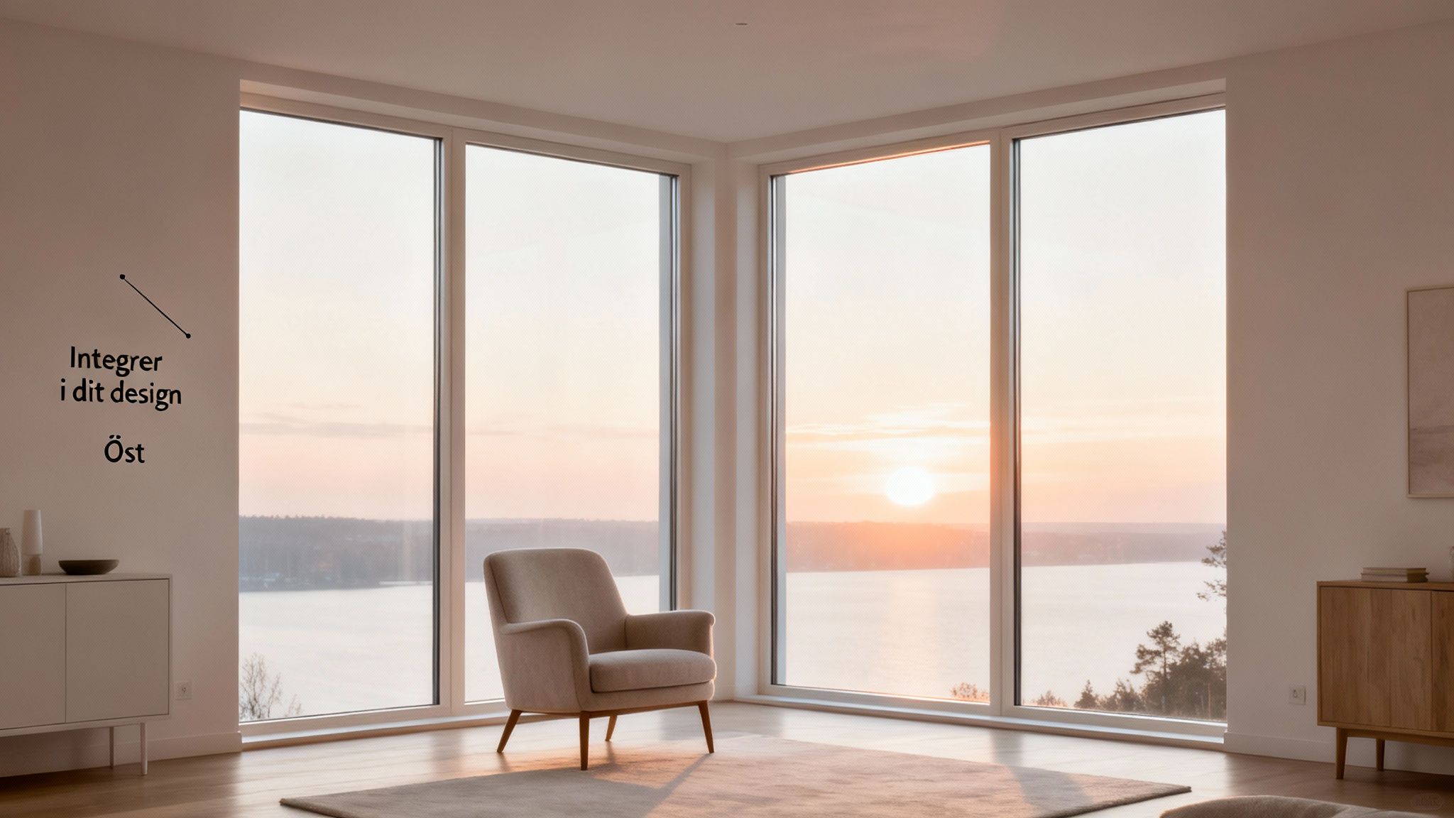 Moderne stue med store gulv-til-loft vinduer, der viser en smuk solnedgang over vandet og hyggelig indretning.