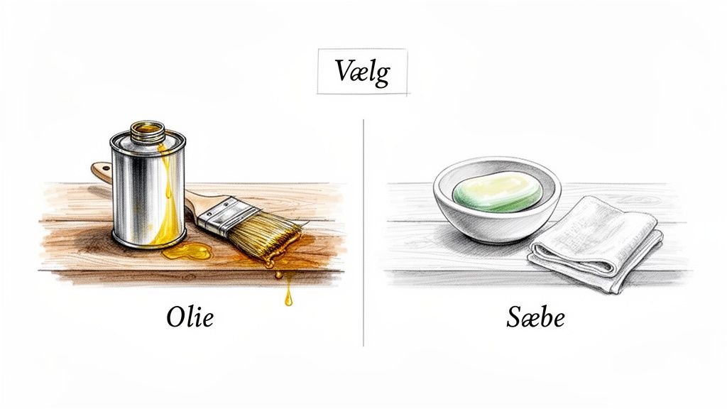 To illustrationer viser valg mellem oliebehandling med pensel og sæbebehandling med klud til træ.