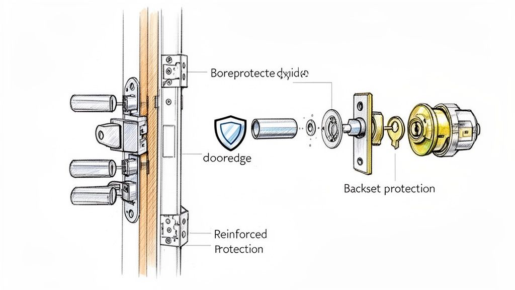 Detaljeret diagram af en dørlåsmekanisme, der viser sikkerhedsfunktioner som borebeskyttelse, dørrand og forstærket beskyttelse.