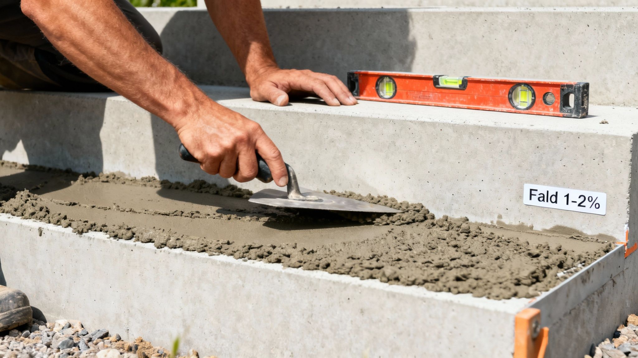 Håndværker påfører mørtel på en udendørs betontrappe med murske for at forberede fliser.