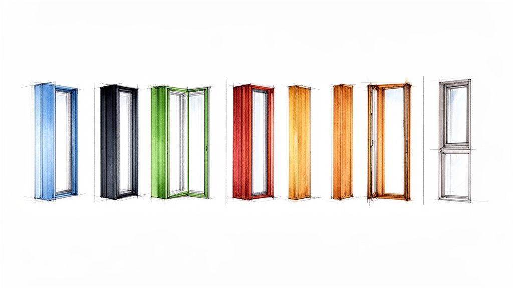 Otte skitser af vindues- og dørdesigns i forskellige farver, materialer og åbningsmuligheder.