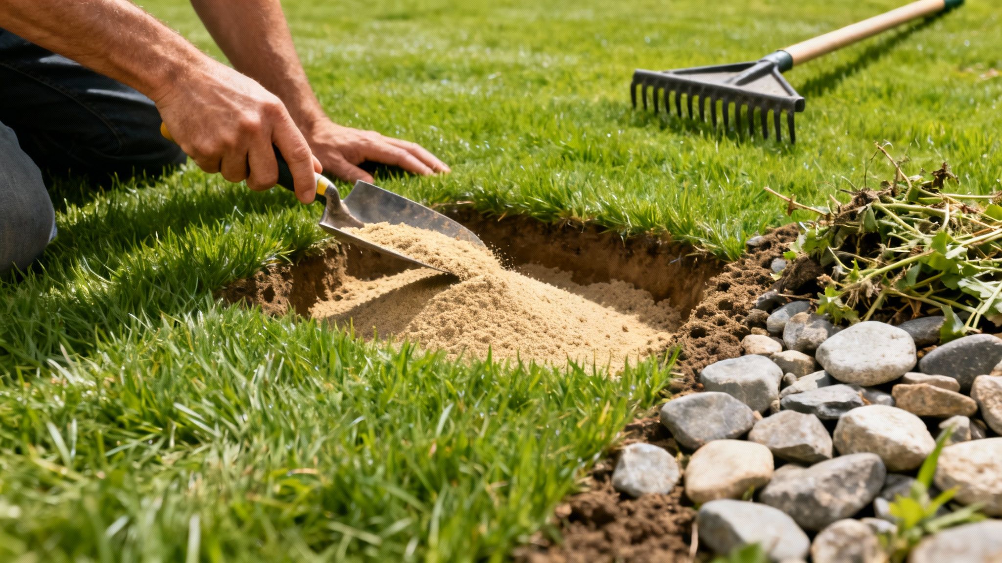 En person knæler på græsset og bruger en skovl til at fylde sand i et hul. Haveredskaber og sten ses i nærheden.