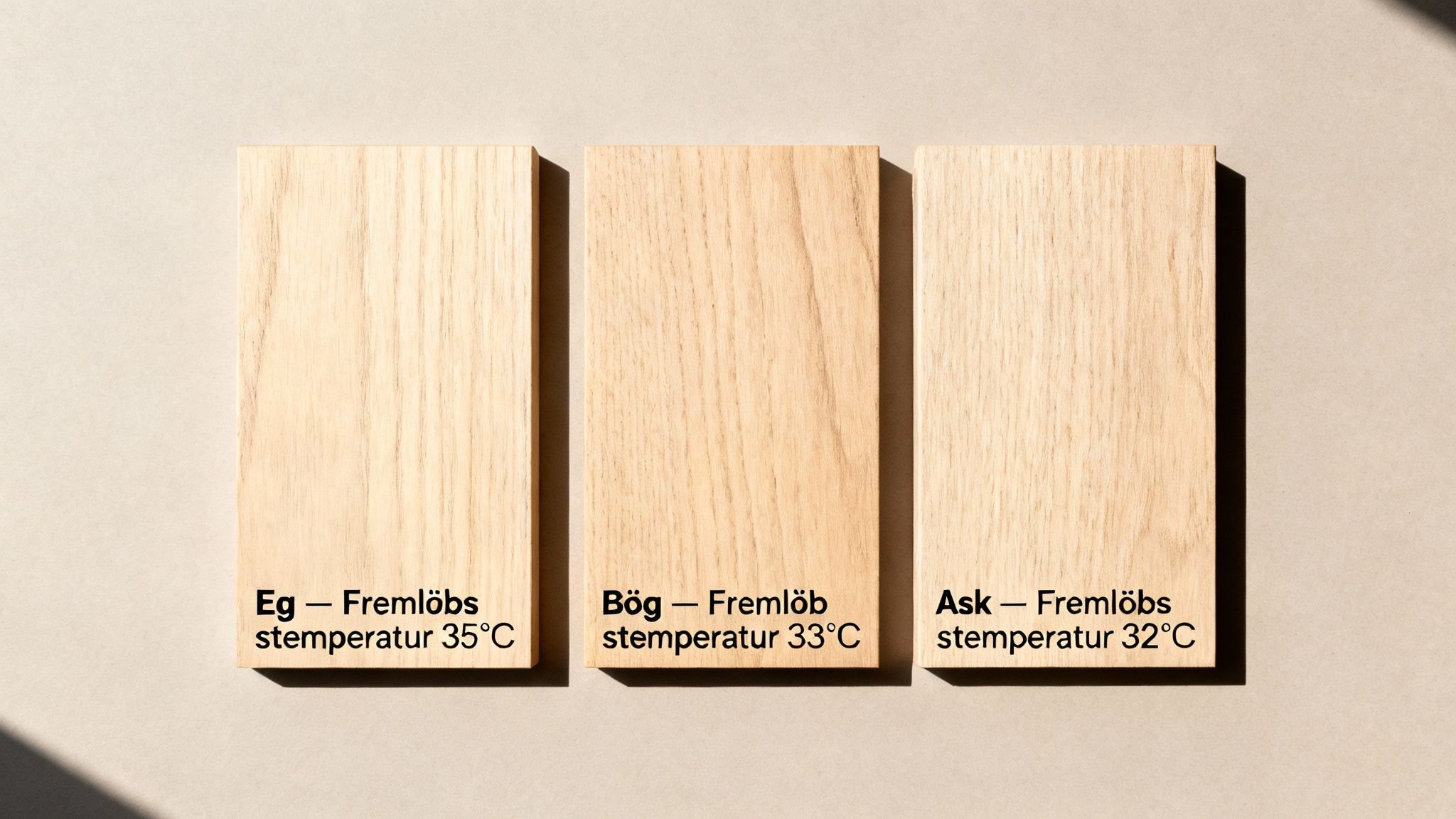 Tre træprøver med tekst om fremløbstemperatur for Eg, Bøg og Ask til trægulve.