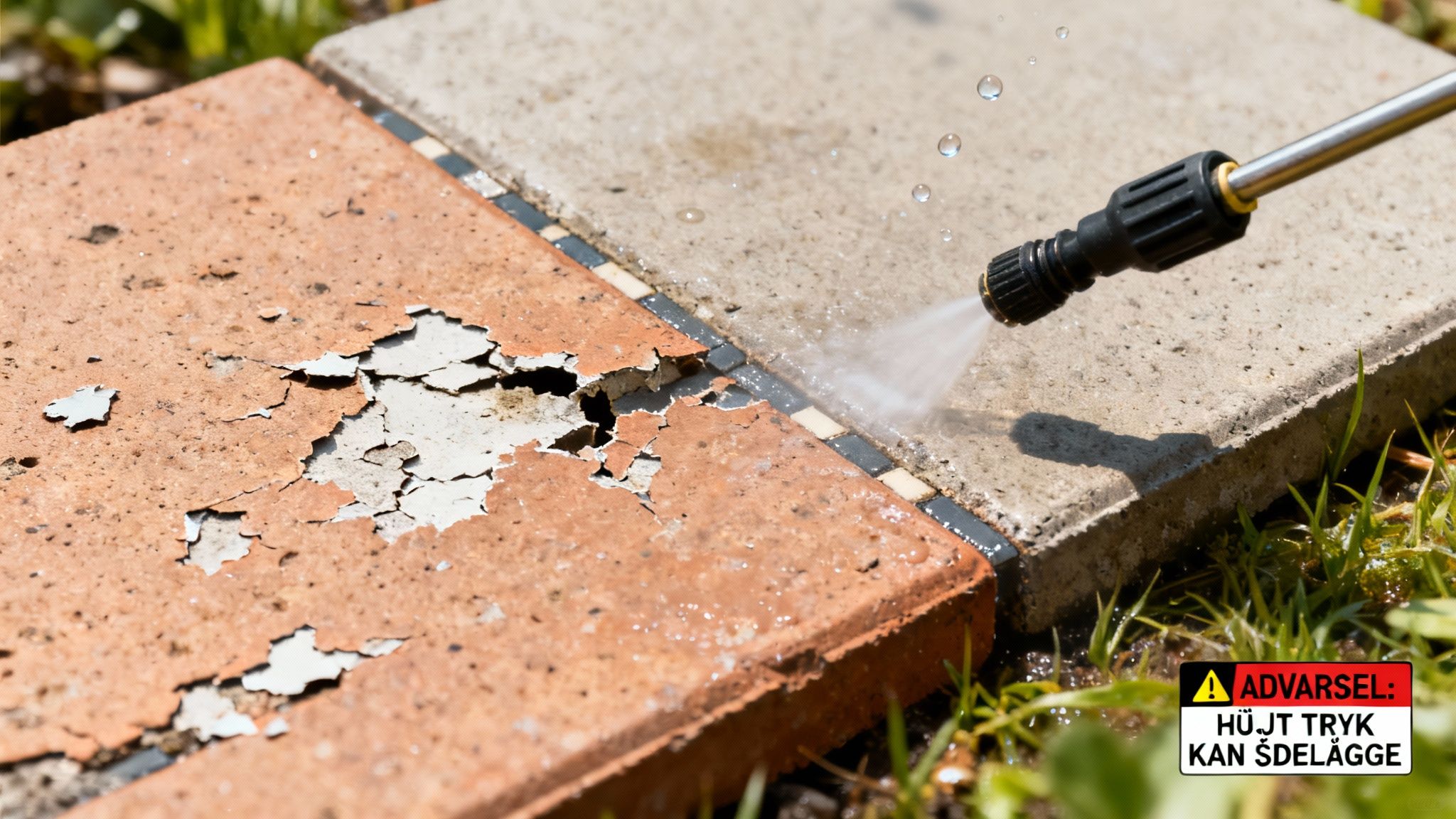 Højtryksrensning af fliser, hvoraf en er beskadiget, med en advarsel om potentiel ødelæggelse.