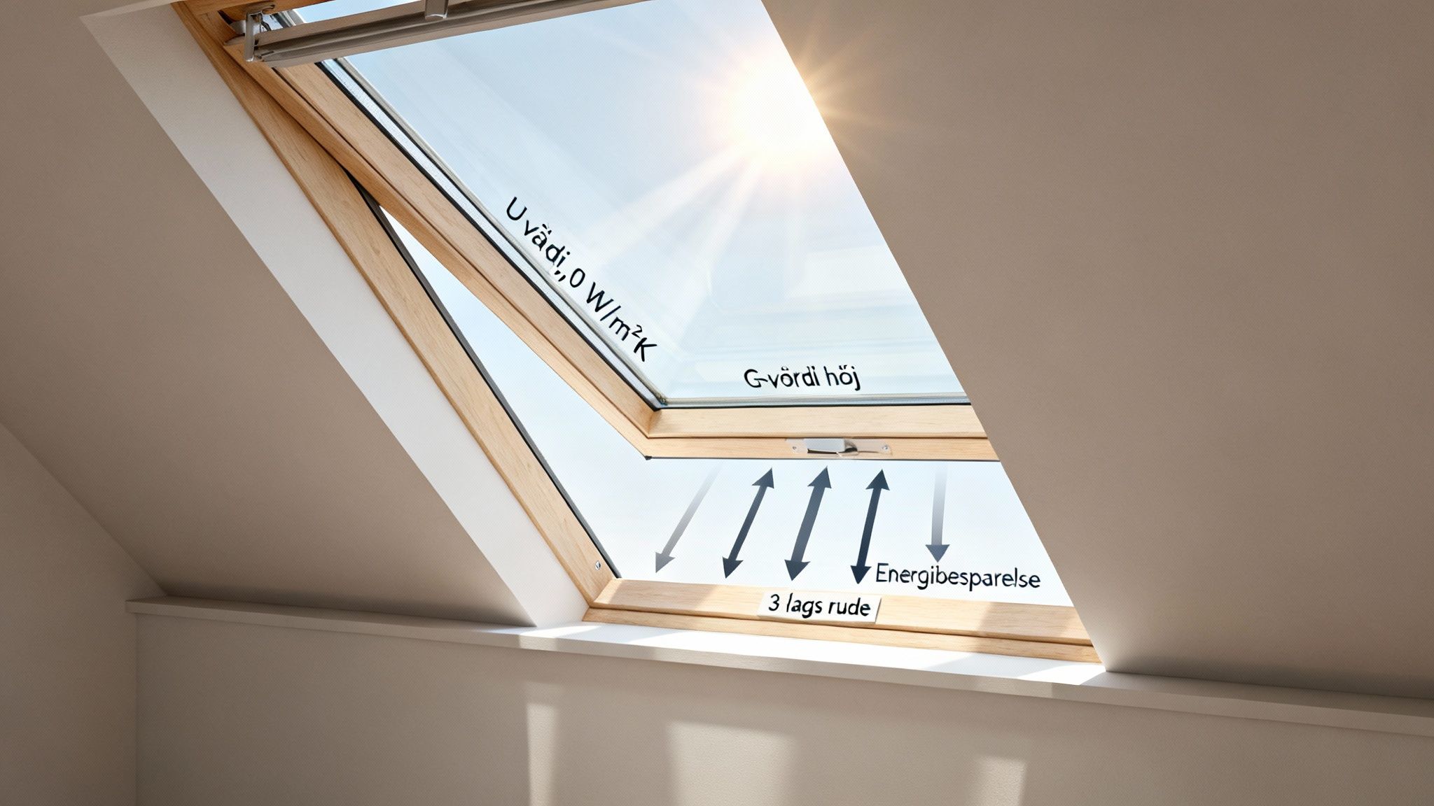 Et Velux ovenlysvindue med trelagsrude, der viser en lav U-værdi og høj G-værdi for energibesparelse.