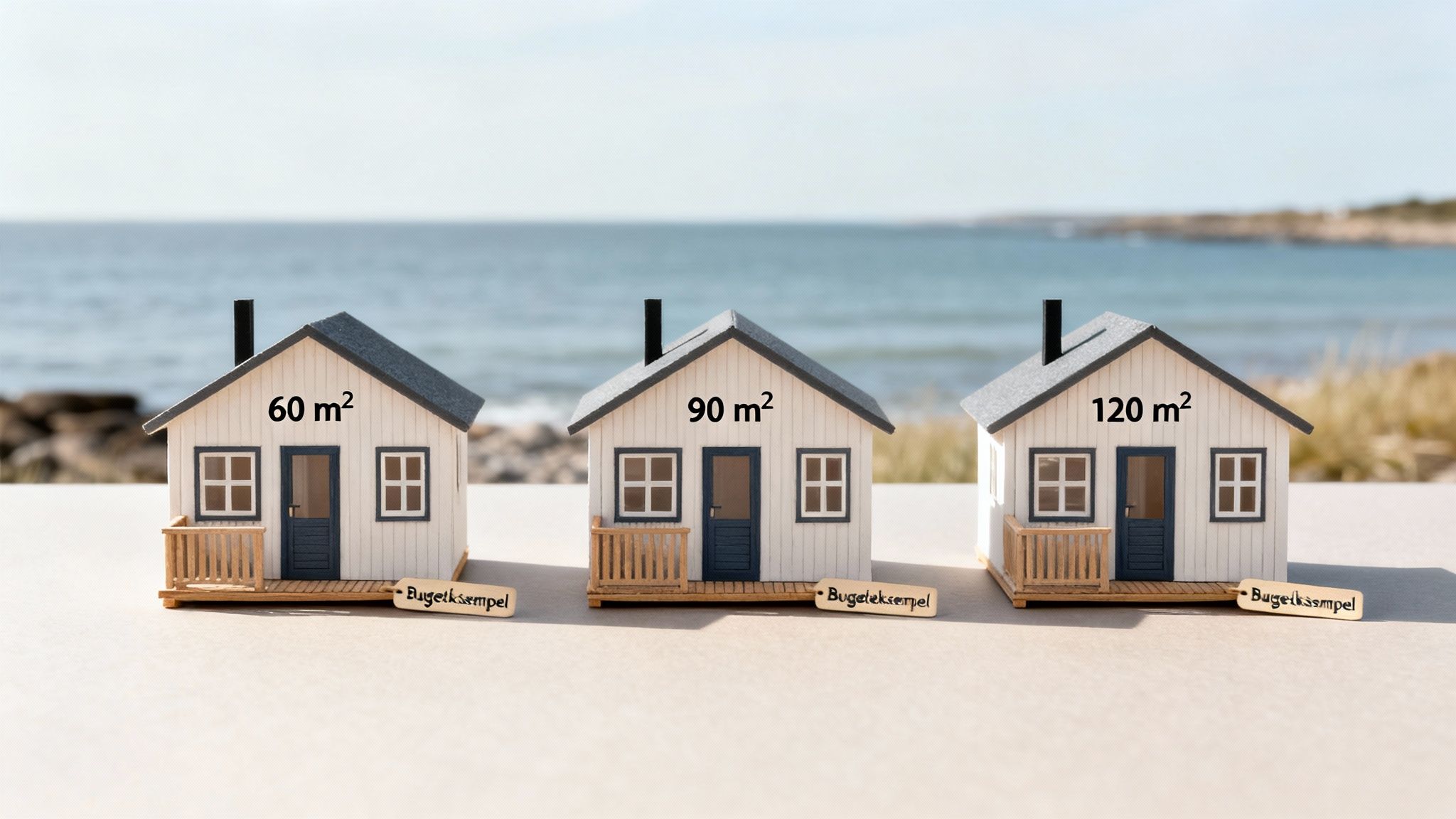 Tre miniature sommerhuse (60, 90, 120 m²) ved havet med 'Byggeeksempel' skilte.