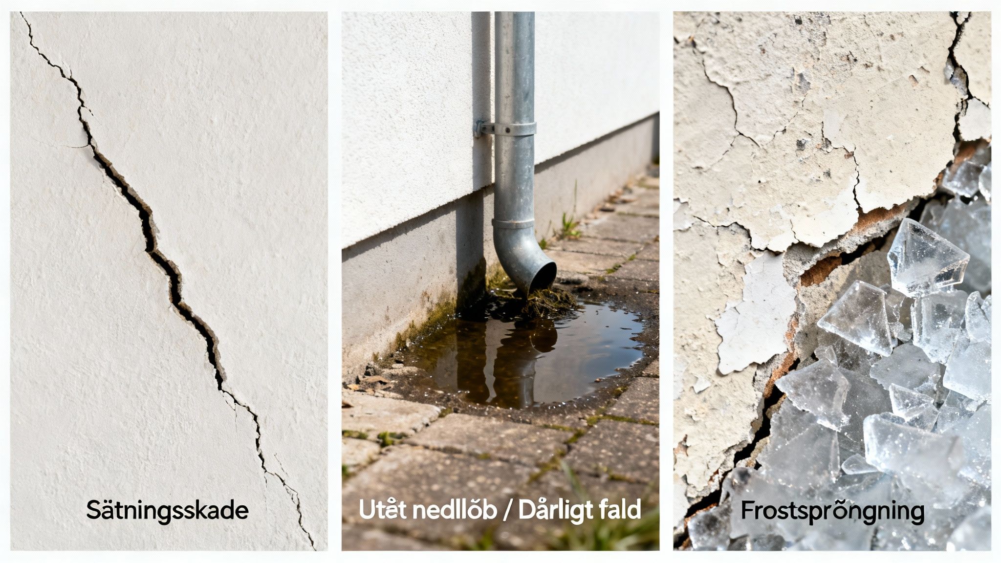 Tre billeder viser almindelige skader på bygningsfundament: sætningsskader, dårligt afløb og frostsprængning.