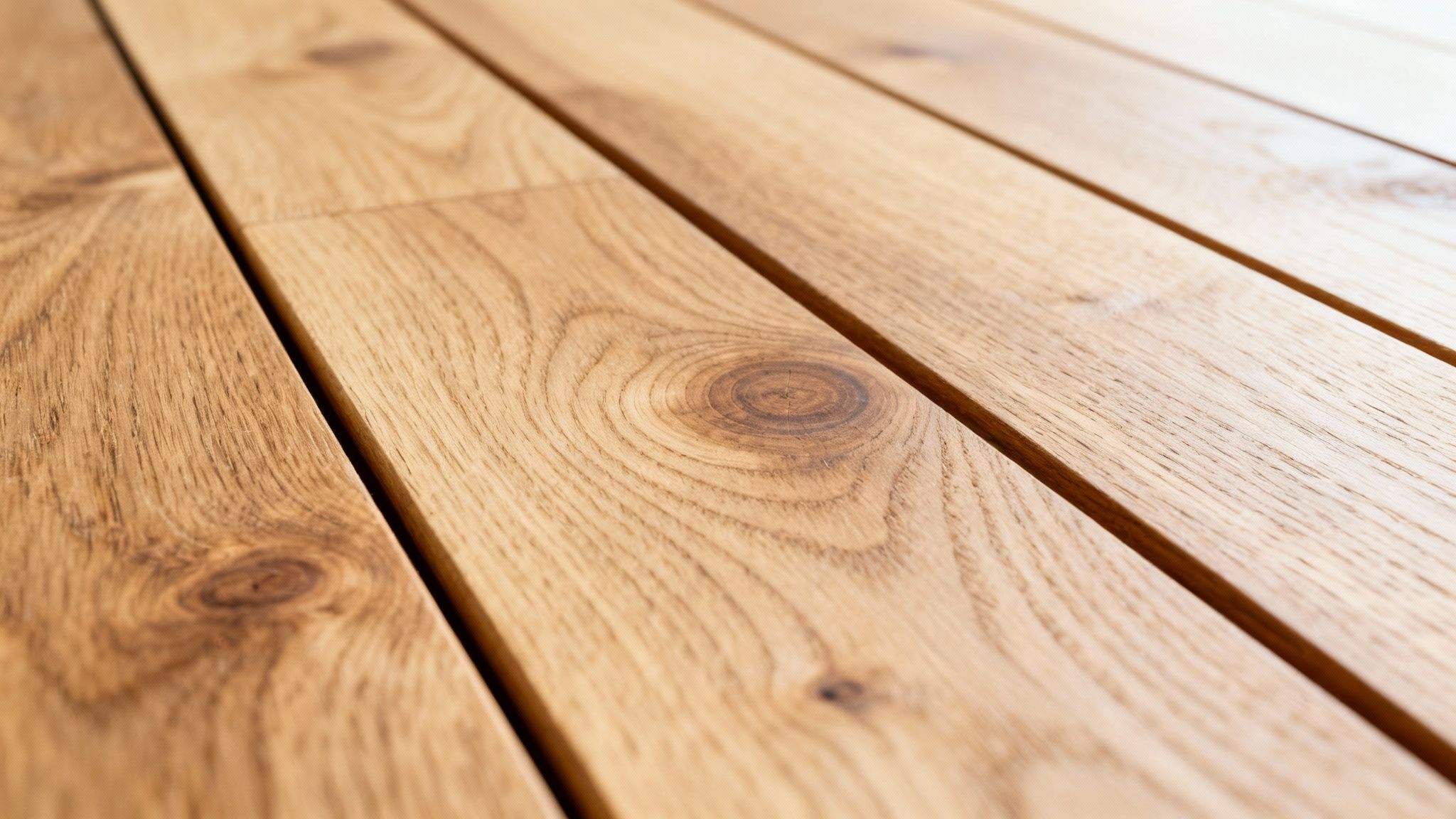 Nærbillede af lysebrune træplanker med tydelige årer og knaster, der viser træets naturlige tekstur og varme farve.