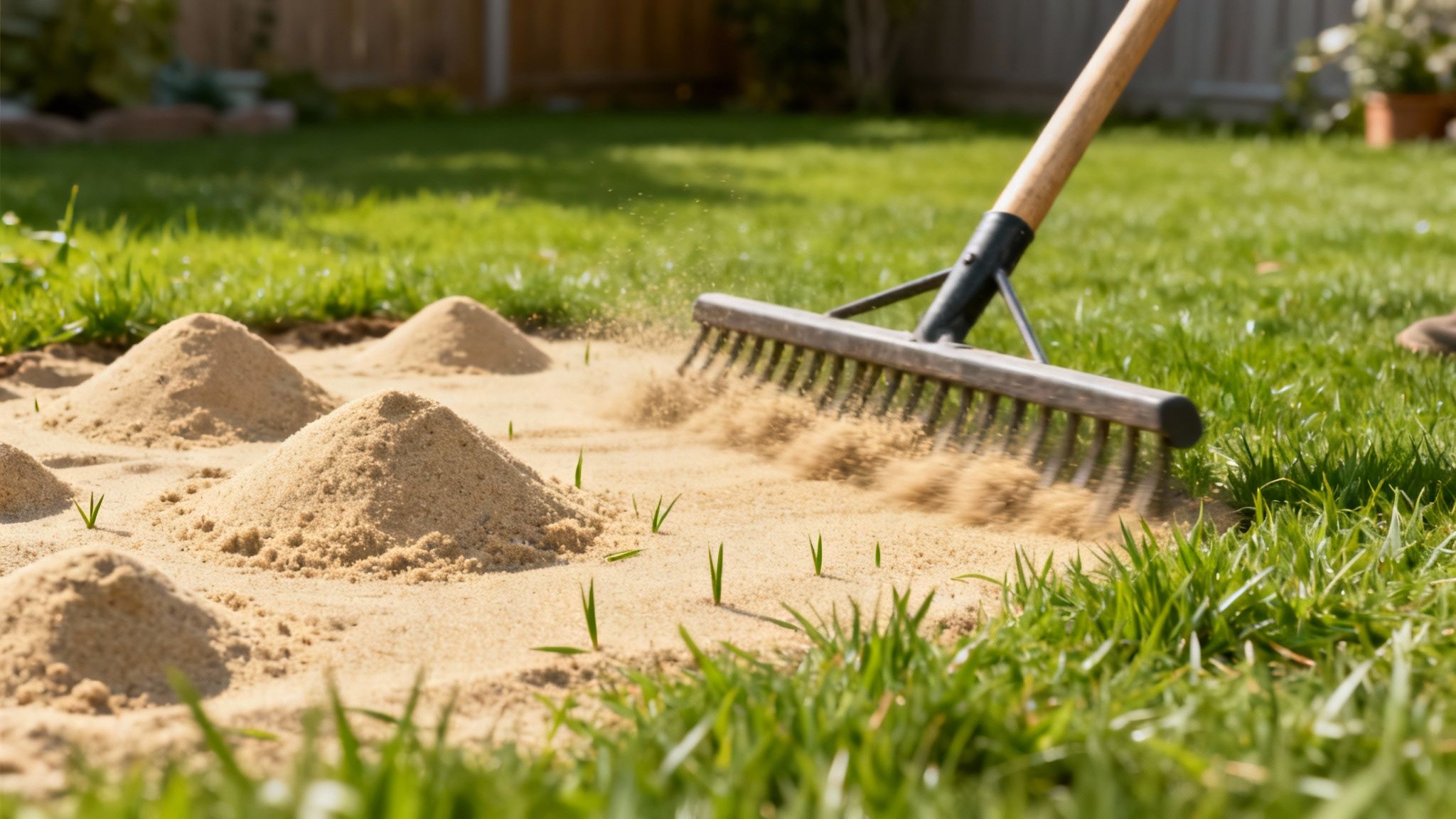 En person bruger bagsiden af en rive til at jævne sand ud over en græsplæne, så græssets spidser stadig er synlige
