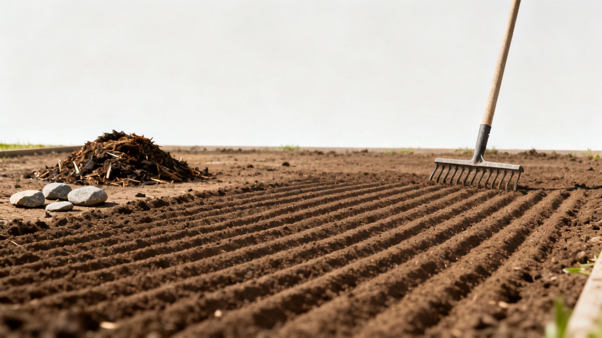 En have med en rive der står i nyforberedt jord, en bunke kompost og sten.
