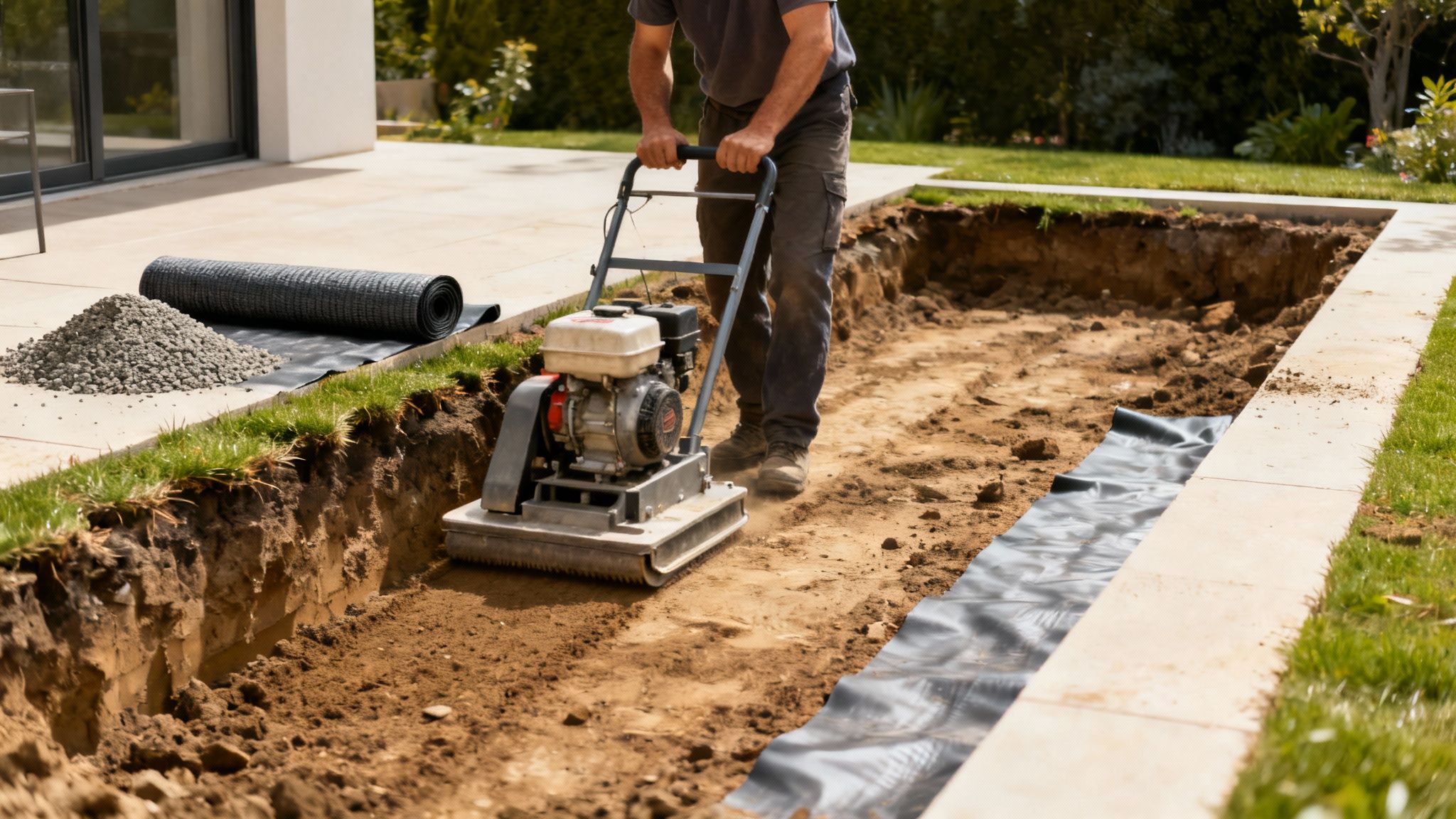 En person bruger en pladevibrator til at komprimere jorden som forberedelse til en træterrasse.