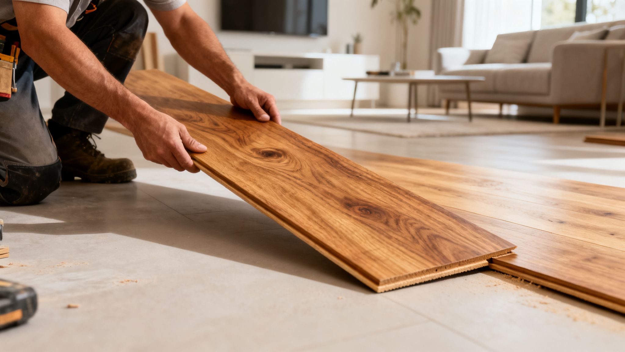 En person lægger et plankegulv af træ i en lys stue. Trægulvet har varme farver.