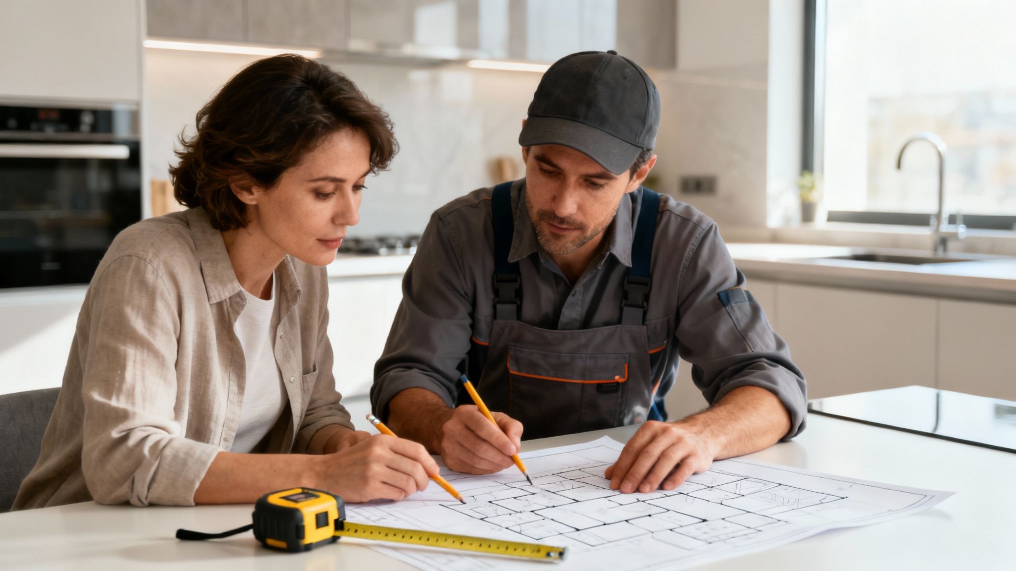 Et team af håndværkere der samarbejder om en køkkenrenovering
