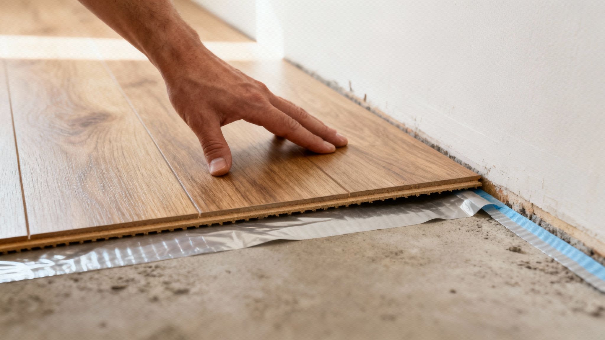 Et smukt, nyinstalleret sildebensparketgulv over gulvvarme.